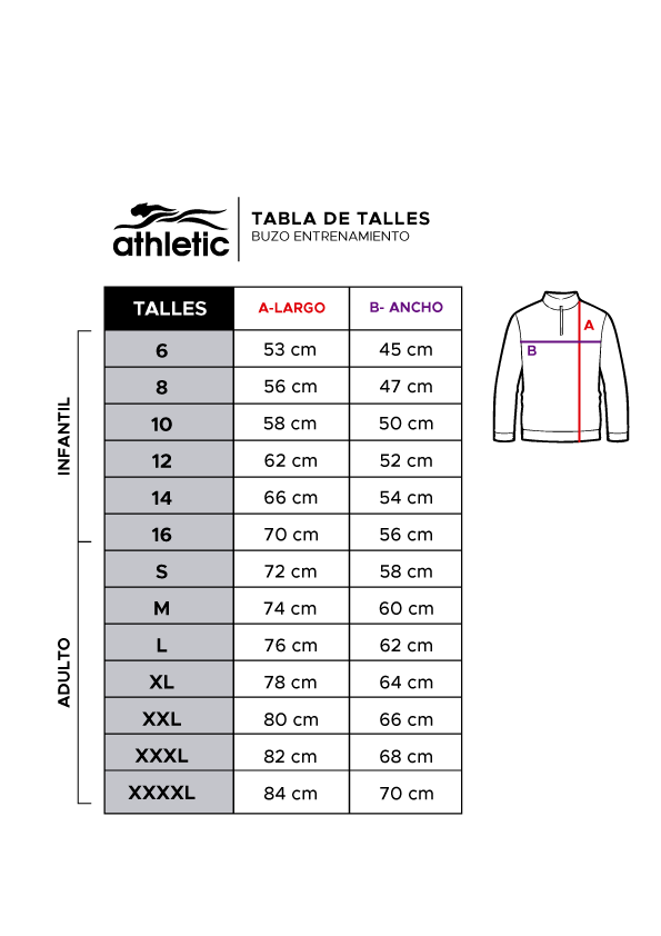 Tabla de talles: Buzo de entrenamiento. Abrir imagen para consultar las medidas.