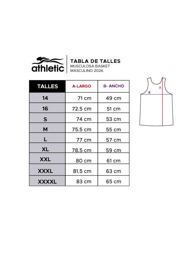 Tabla de talles: Camiseta de básquet. Abrir imagen para consultar las medidas.