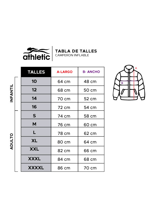 Tabla de talles: Campera inflable. Abrir imagen para consultar las medidas.