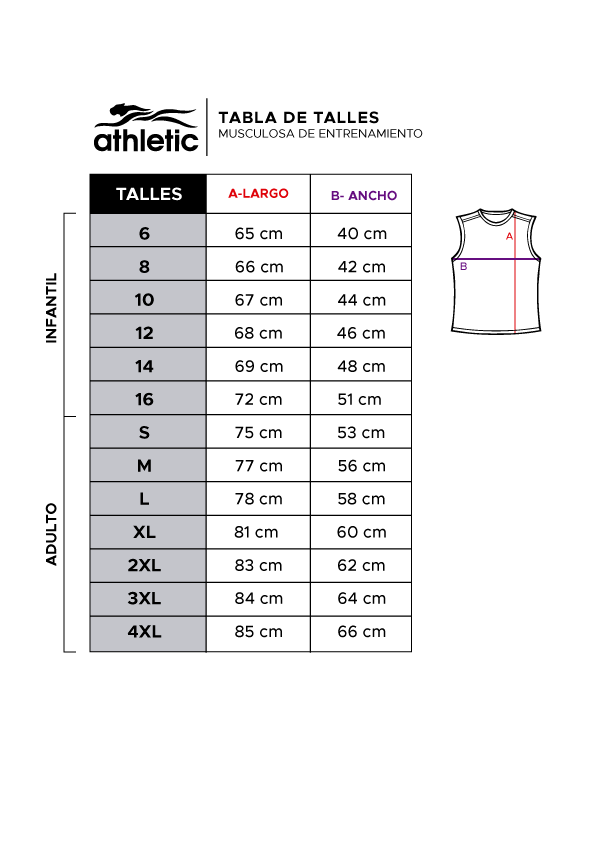 Tabla de talles: Musculosa de entrenamiento. Abrir imagen para consultar las medidas.