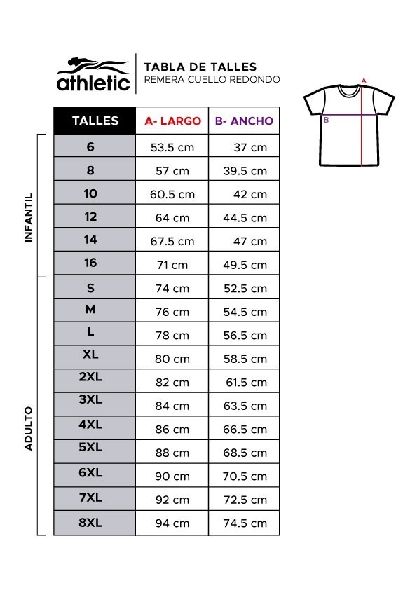 Tabla de talles: Remera cuello redondo. Abrir imagen para consultar las medidas.
